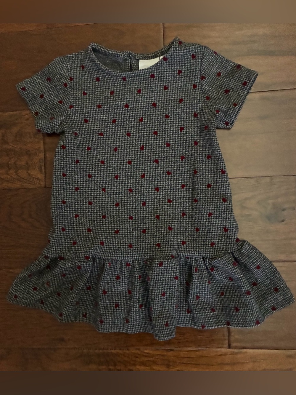 Zara GIRLS Houndstooth Gray Flocked Heart Knit Short Sleeve Dress 1st Year